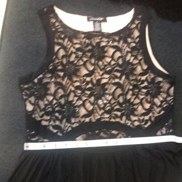 Candalete Floral Sequined Lace Over Tan Bodice Evening Maxi Dress w/Front Slit-M - Picture 11 of 11